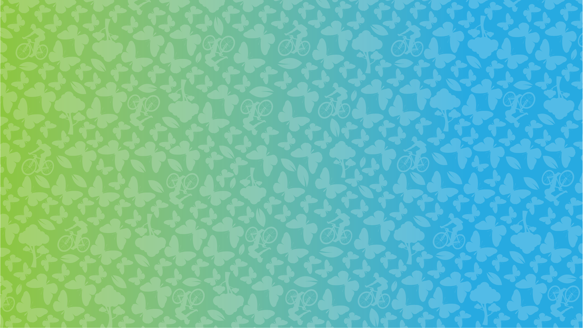 Blue and green gradient background with a pattern of butterflies and bicycles